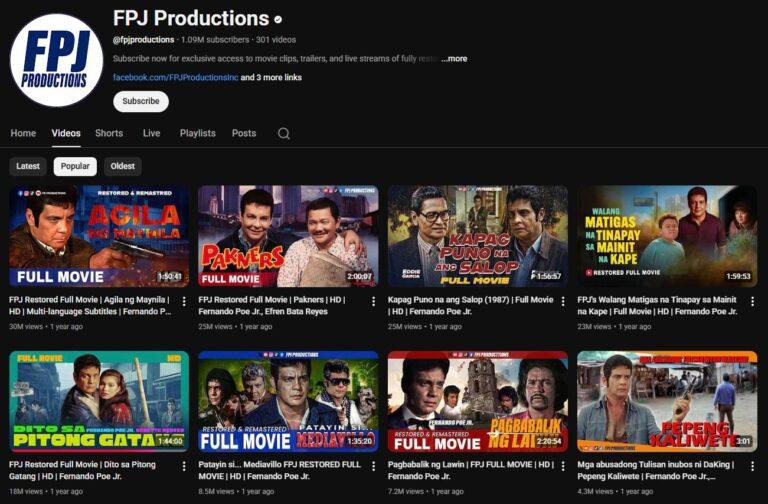 FREE Tagalog Movies: Legit Filipino Movies You Can Stream on YouTube FPJ Productions Youtube Channel